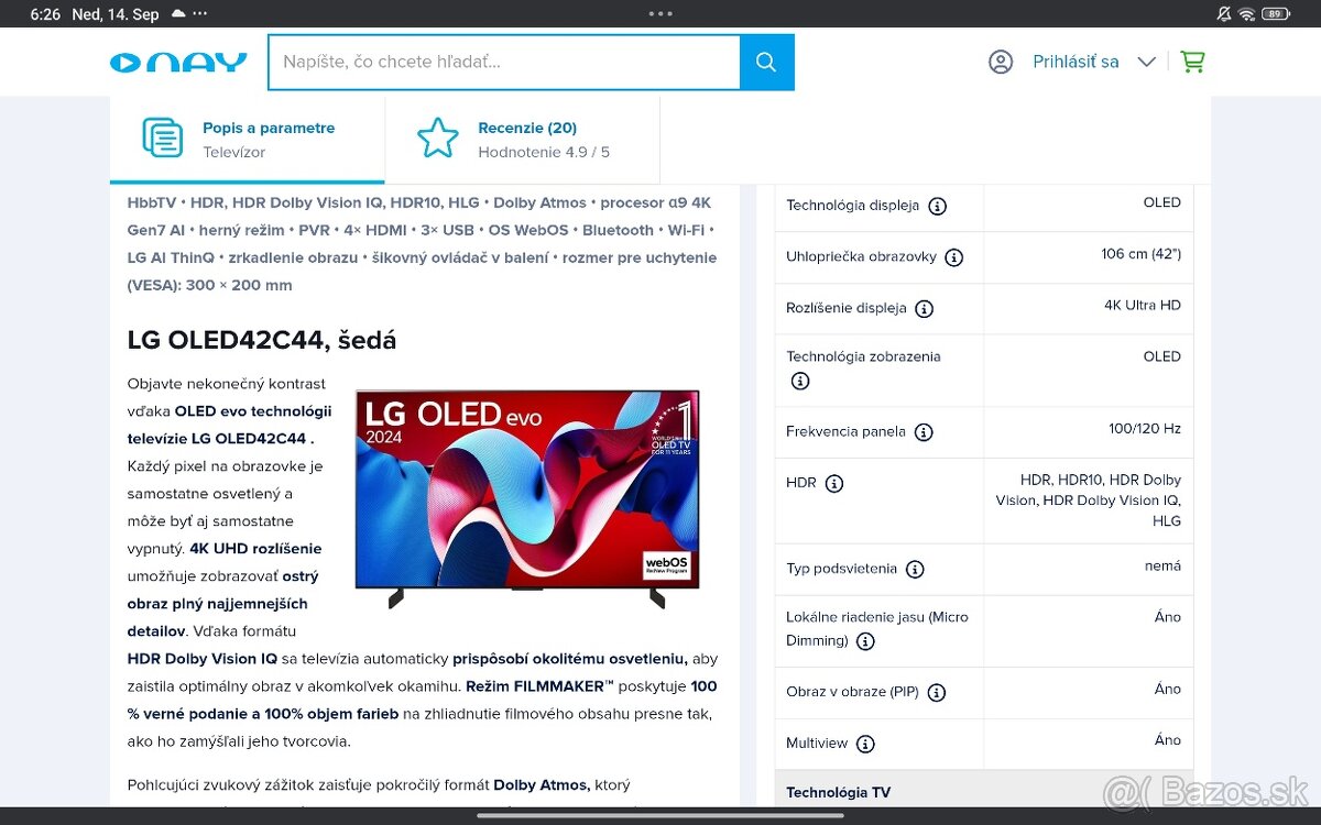 Predam Oled Tv LG C4 uhlopriečka 42 v záruke.Stále aktuálne