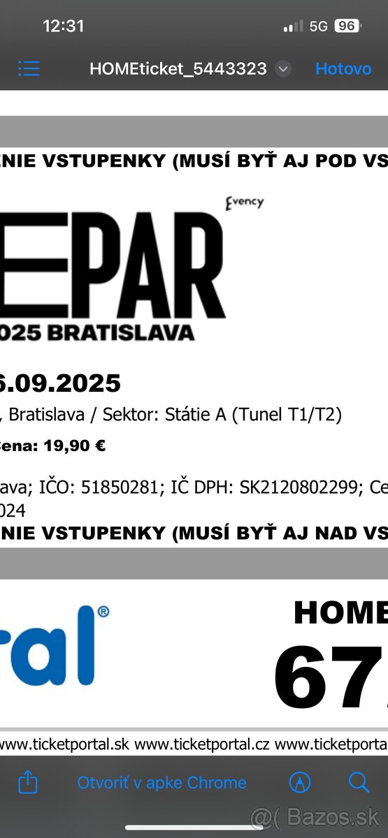 SEPAR- Predané Tehelné pole- pôvodná cena vstpenky/ 1ks