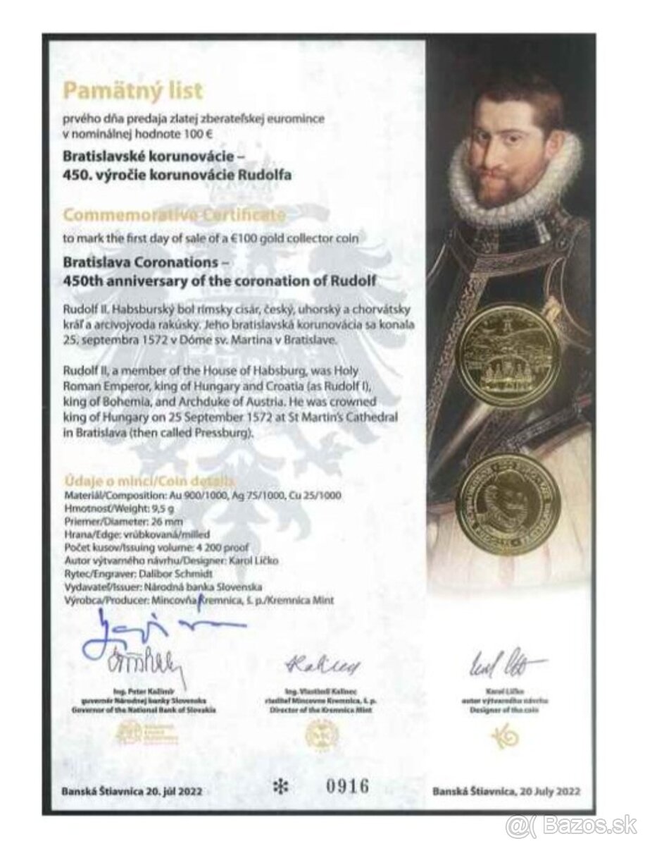 Predám pamätný list Rudolf ku zlatej minci 100 eur