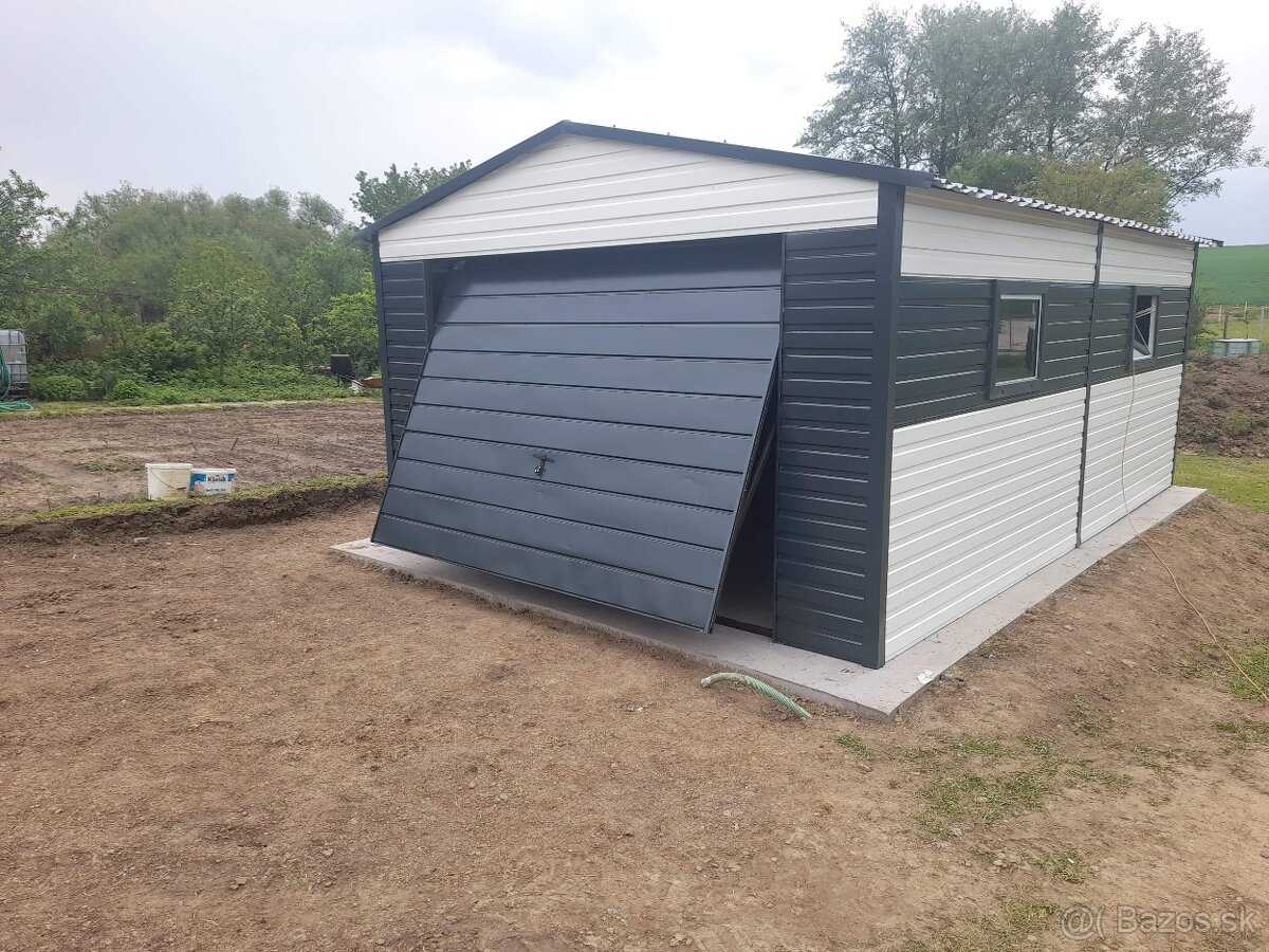 Plechová garáž ELEGANT 4×6 m | RAL 7016 + RAL 9010 | Sedlová