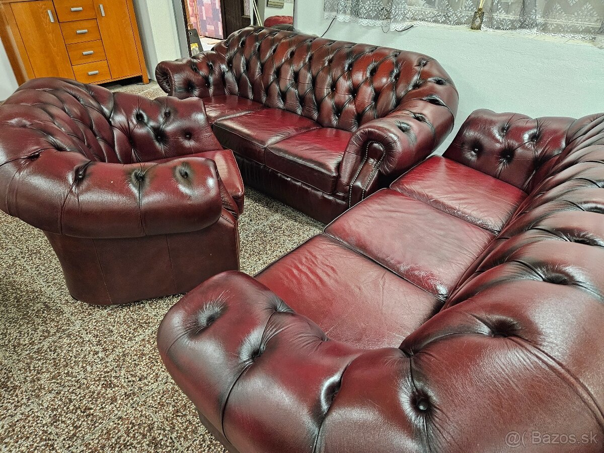 CHESTERFIELD ŠTÝL,KOŽENÁ SEDAČKA 3+3+1,BORDOVOČIERNA