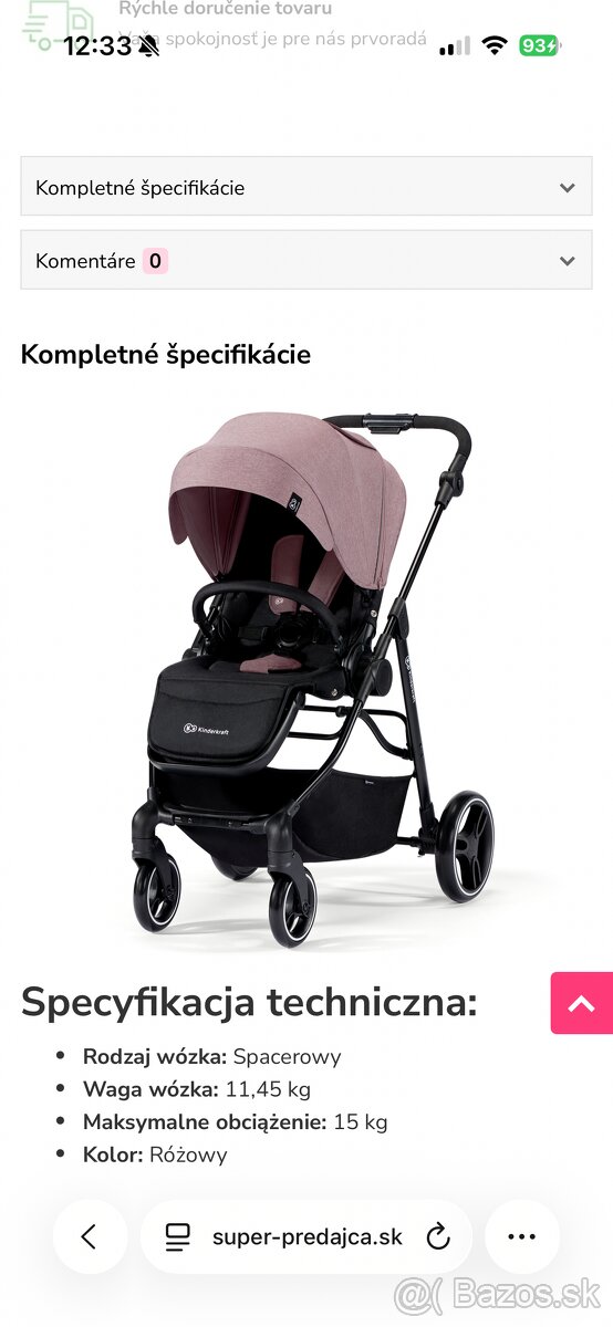 Kinderkraft ružový vesto kočík športový
