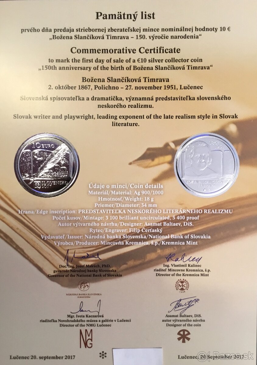 2017/10€ Božena Slančíková Timrava - Pamätný list