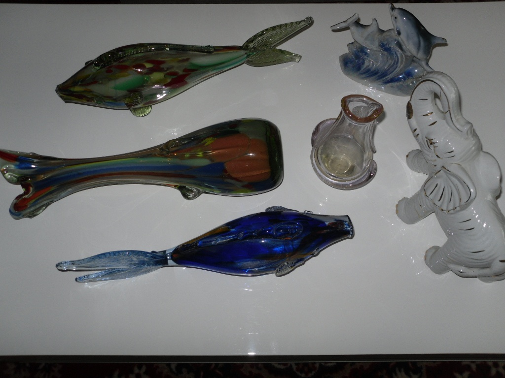 Slon,váza,ryba,delfín,sklo,keramika,soška,ozdoba,retro