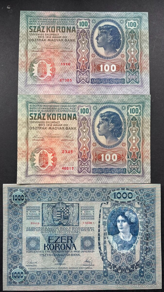 Bankovky Rakúsko-Uhorsko 100,1000 Kronen UNC