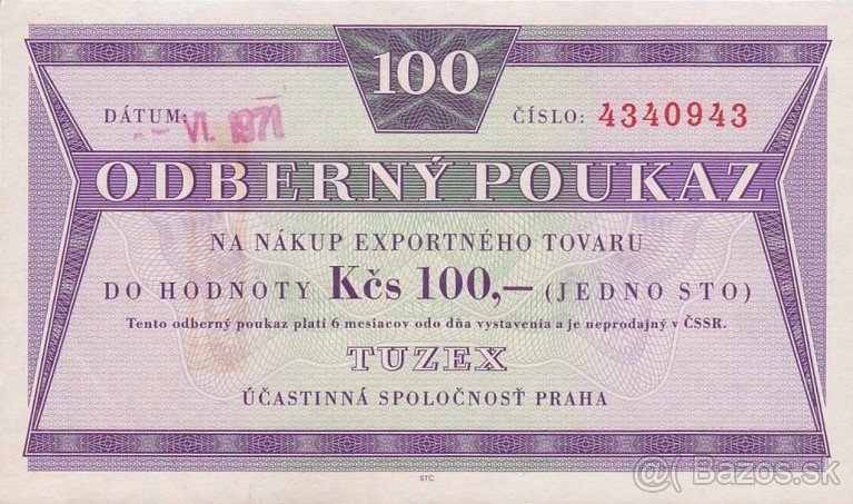 Tuzex. poukázky - bony 1958 - 1973 až 2.000,- €