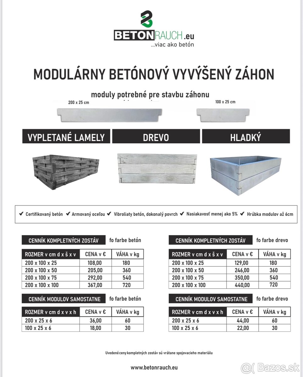 Vyvýšené záhony / betónové vyvýšené záhony / moduly