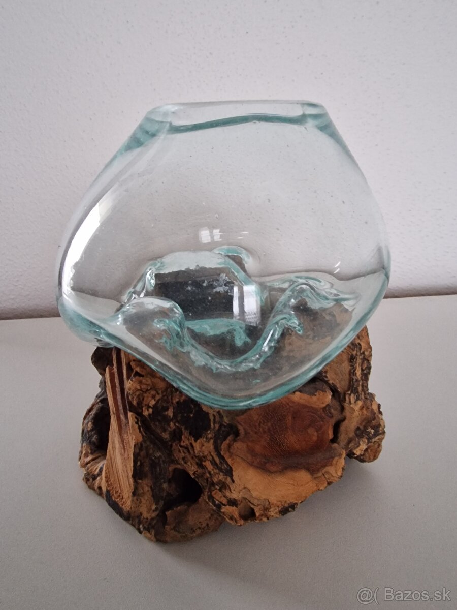 Sklenená misa na koreni dreva