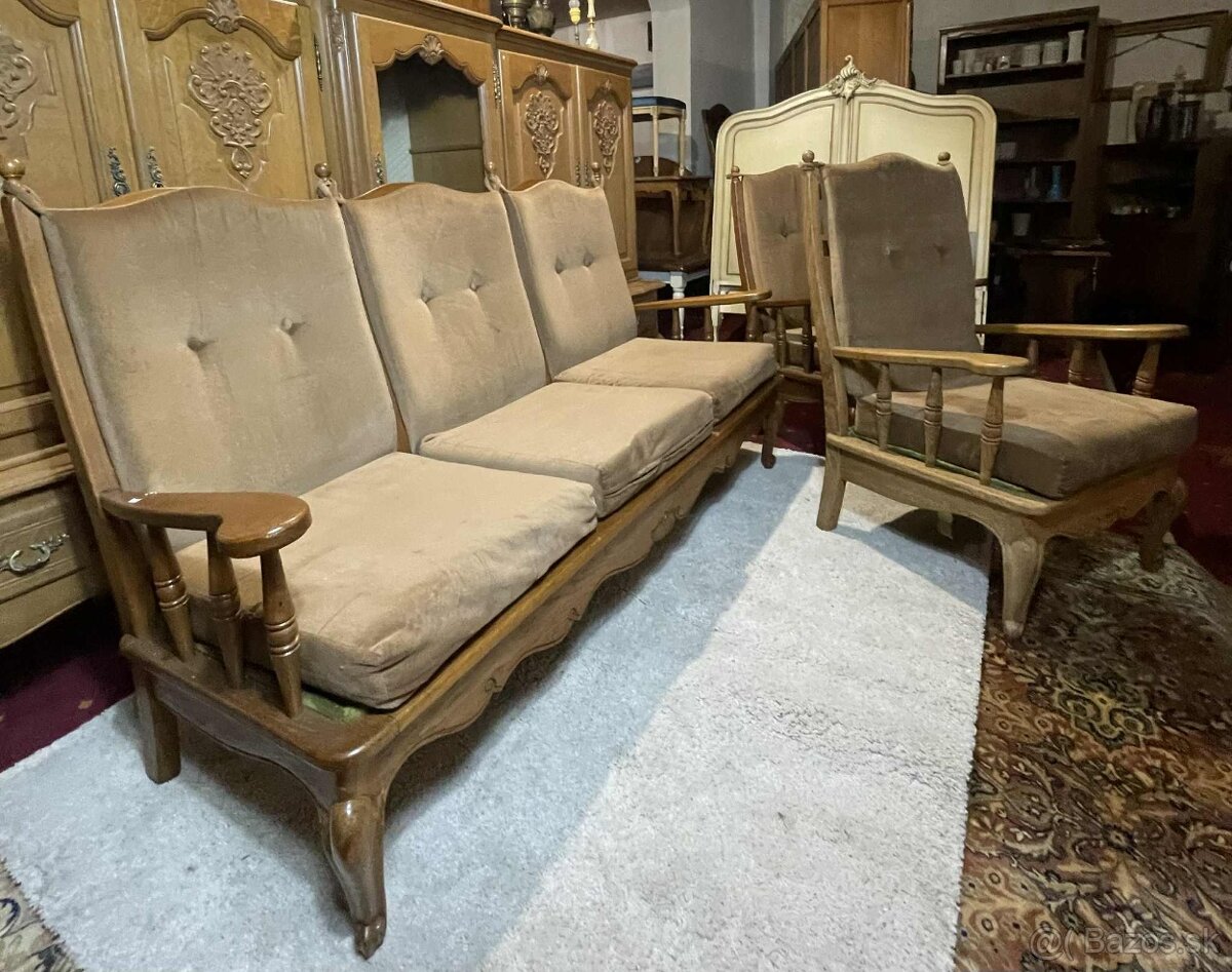 Vintage trojsed + 2ks kreslo, masiv, textilia, set