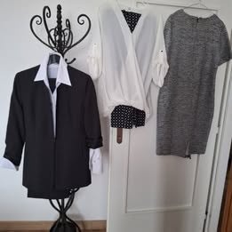 Dámsky sivý oblek, biele košele, nohavice,...