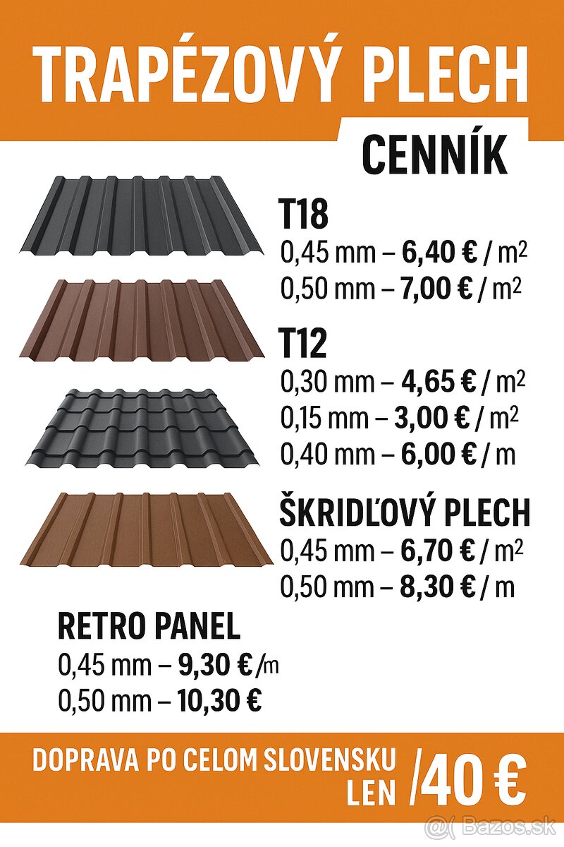 Kompletný cenník plechov – T18, T12, škridľový, retro panel