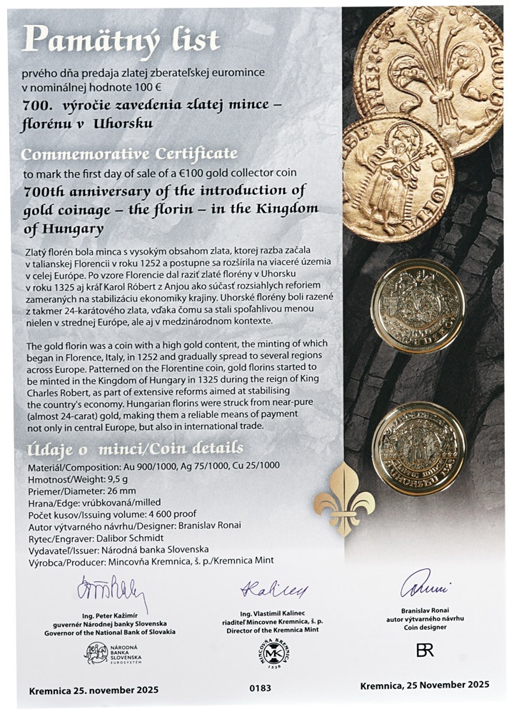 Pamätný list Zavedenie zlatej mince - dukátu v Uhorsku