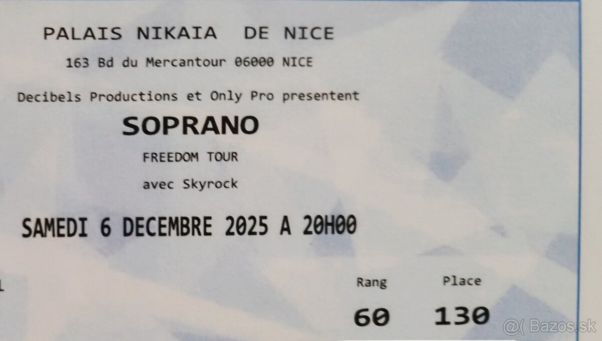 Soprano tour v Nice vo Francúzsku 3 lístky