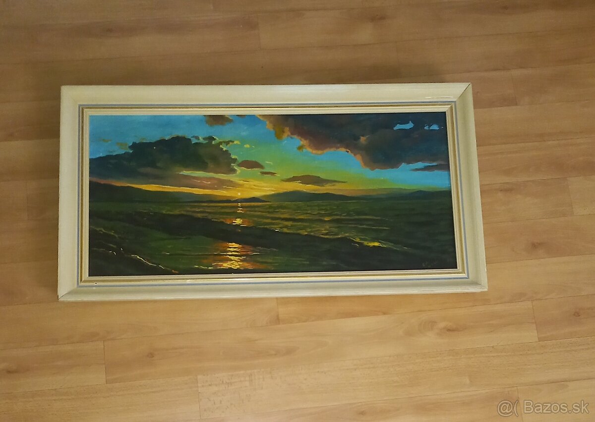 Malovany obraz na platne s drevenym ramom a pozlatenym pasom