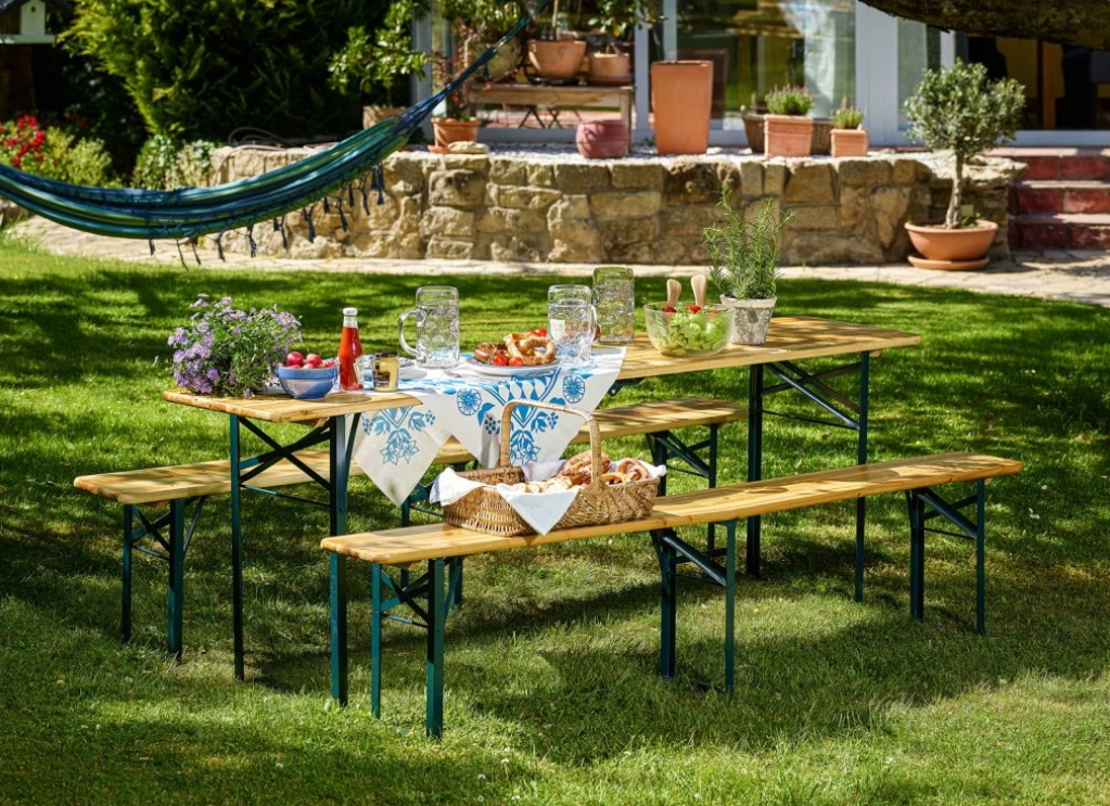 Pivný záhradný kempingový set skladací 220 cm drevený