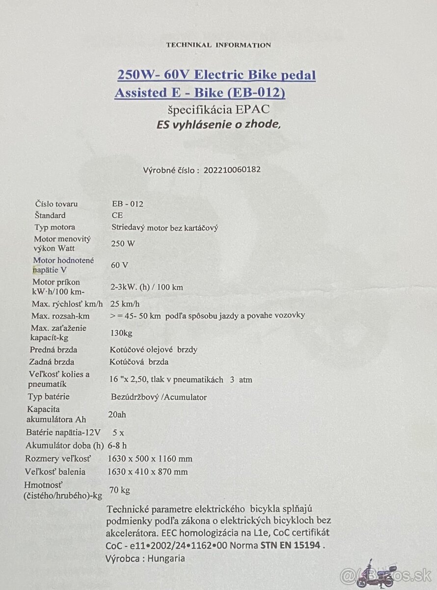 250w-60V elektricky bicykel