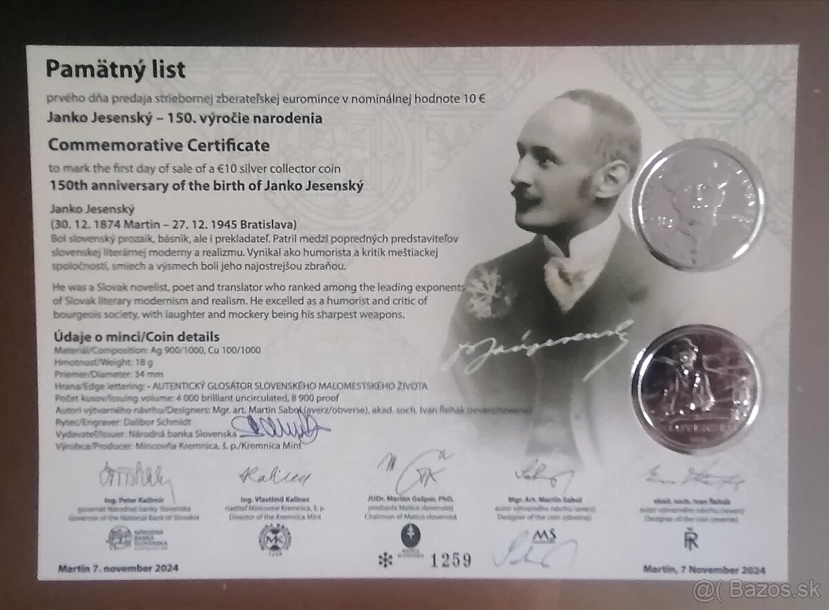 Janko Jesenský, pamätný list