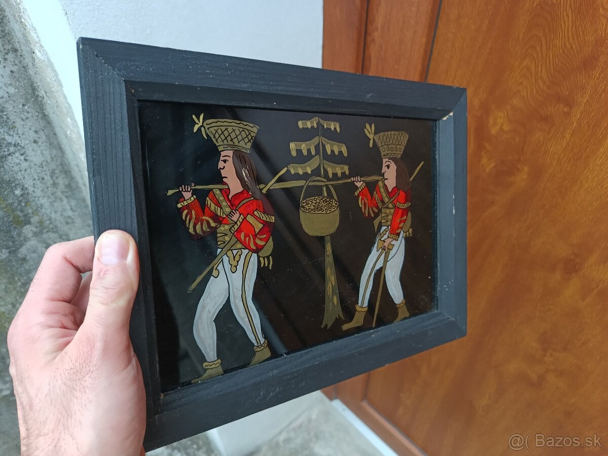 starožitný obraz maľba na skle Zbojníci