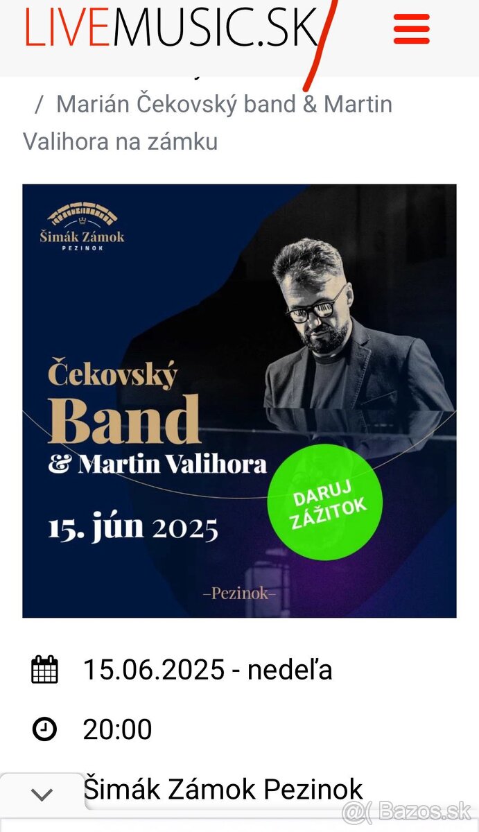 2 vstupenky Marián Čekovský Martin Valihora koncert Pezinok
