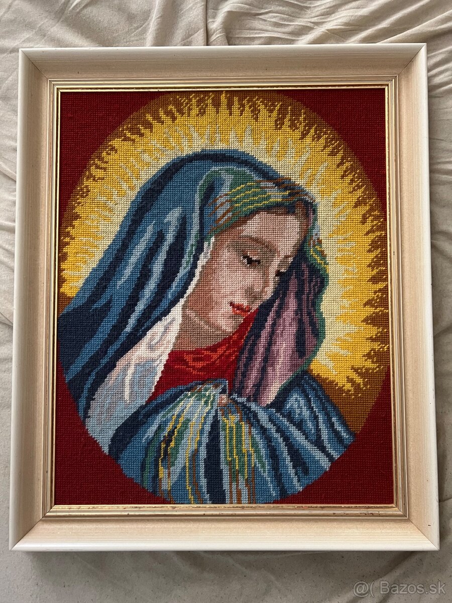 Rucne vysivany svaty obraz 47x56 vyska obrazok Panna Maria