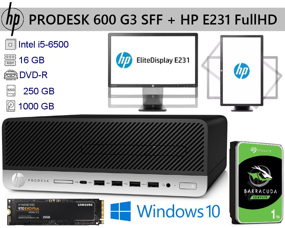 PC zostava HP i5, 16GB, 250GB SSD, 1TB HDD, monitor HP E231
