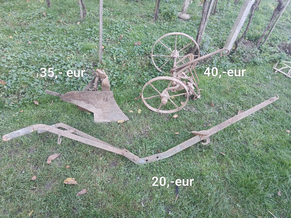 Starý pluh, kolesá, brány, sane, koleso zo studne