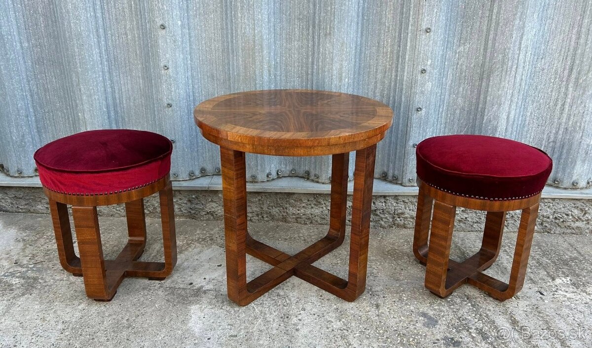 Art Deco stolík + taburetky - S07