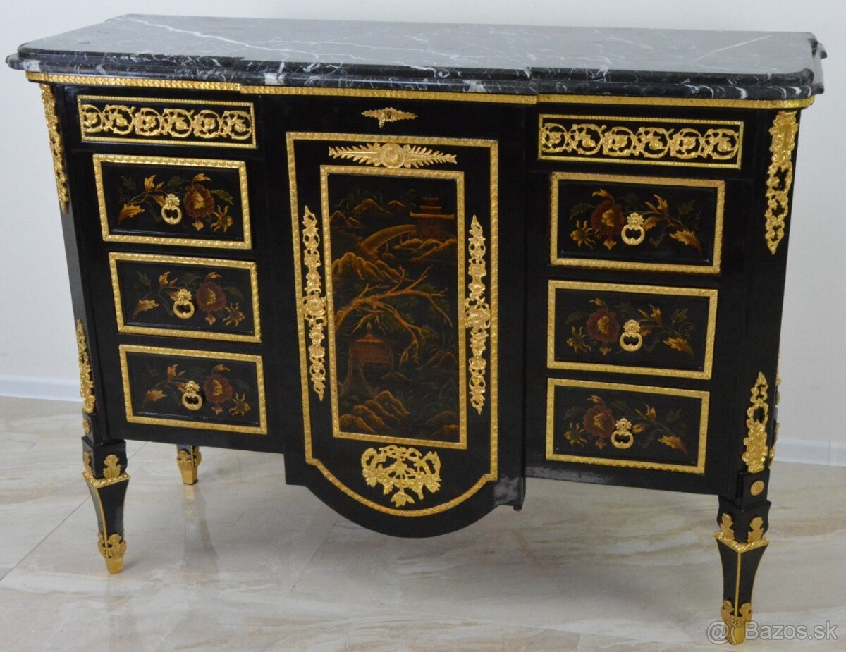 Zámecká malovaná komoda s mramorovou deskou-145 cm