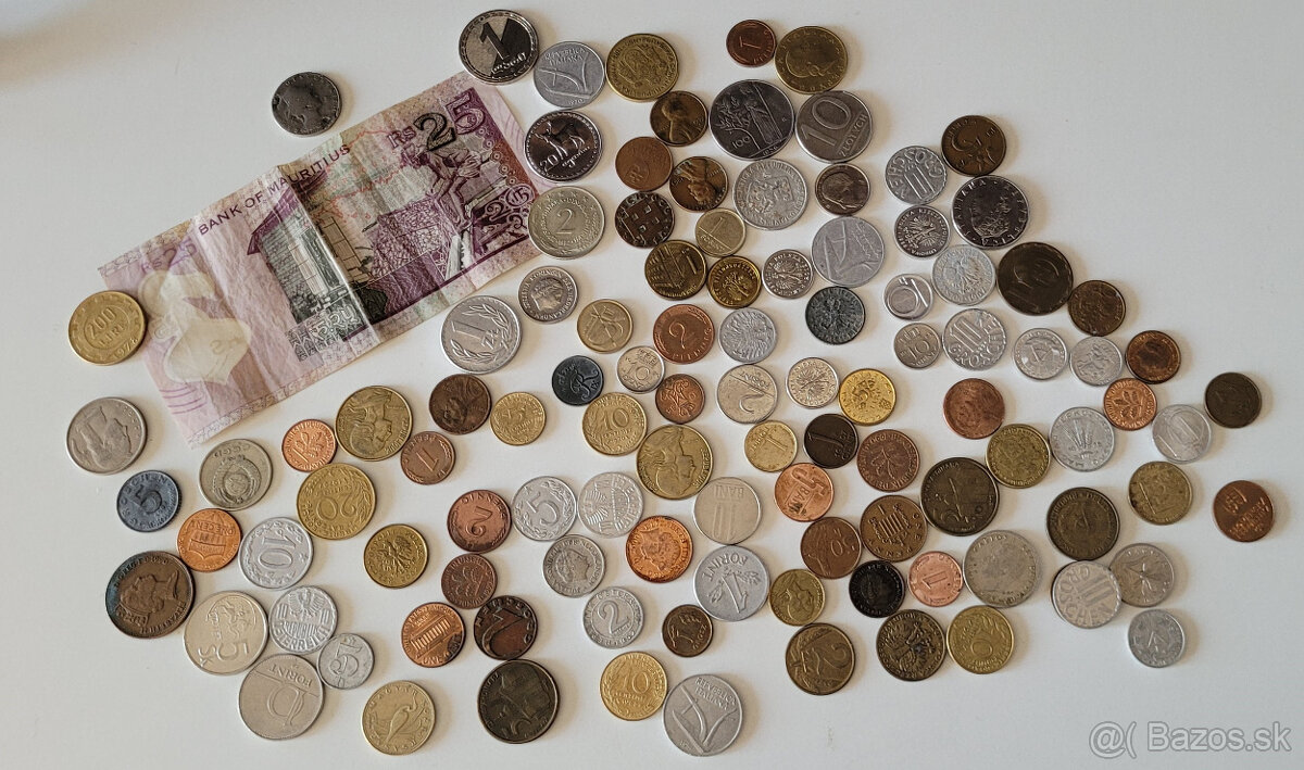 vyše 100 ks mix starších obehových mincí +bankovka Maurícius
