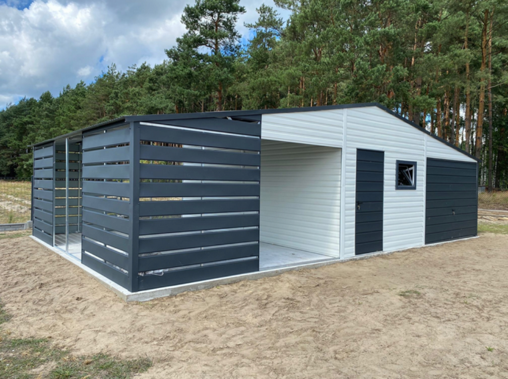 Plechová garáž 6x6 + 4m prístrešok