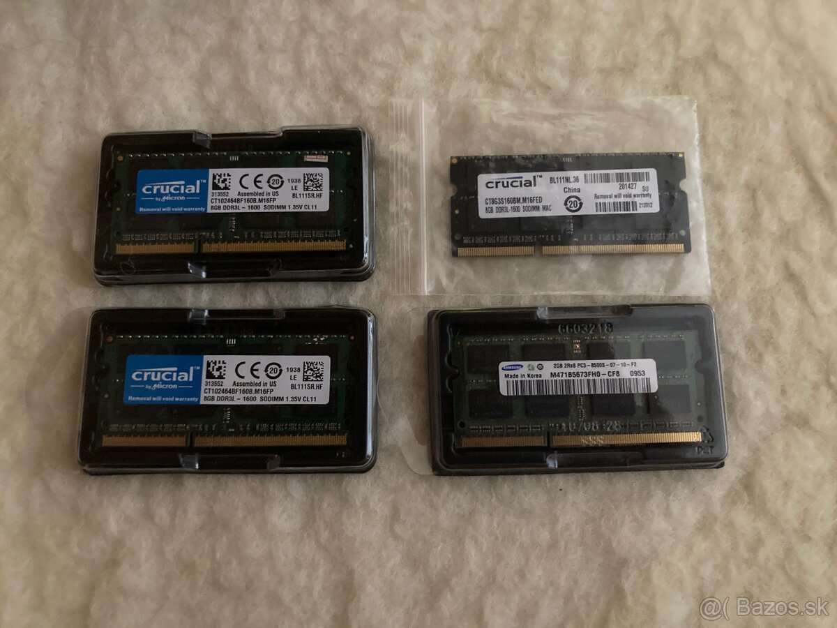 Predám Crucial & Samsung DDR3L 1600 MHz pamäte