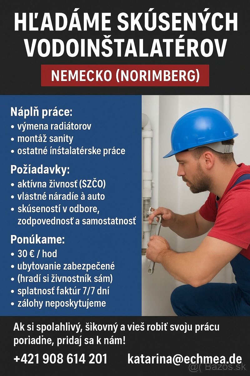 HĽADÁME SKÚSENÝCH VODOINŠTALATÉROV – NEMECKO 🇩🇪 Stavebná