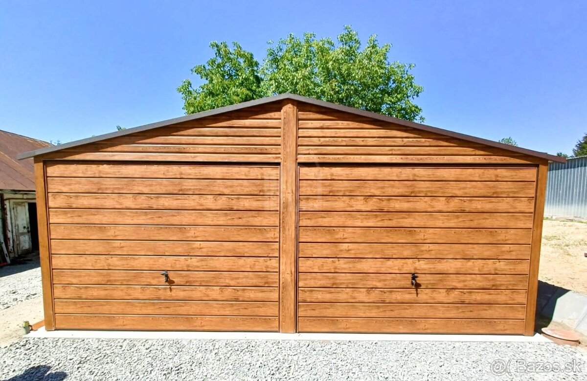 Plechová garáž 6x6 sedlová strecha, imitácia dreva