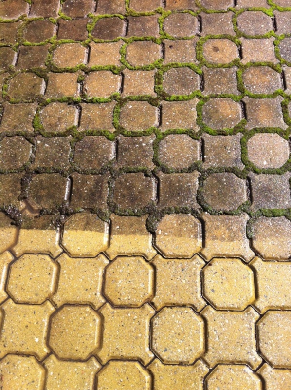 Čistenie špár v zámkovej dlažbe od machu a buriny + postrek