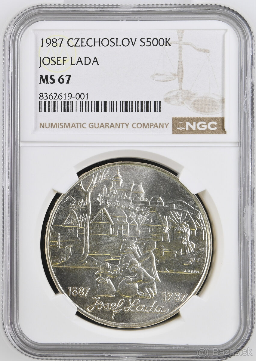 Ag minca 500 Kčs 1987 Josef Lada BK certifikát NGC MS 67