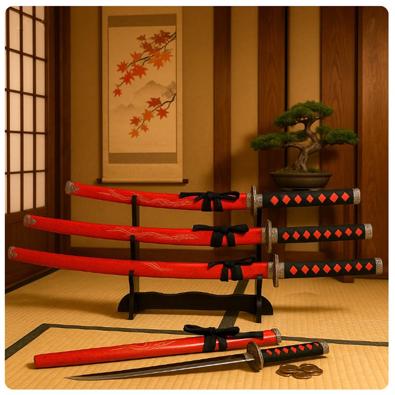Dekoračná sada 3 japonských mečov katana s červeným puzdrom