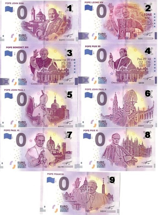 Sada - PÁPEŽOV - 9 ks - 0 euro bankovka.