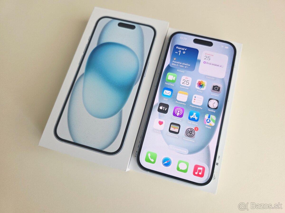 APPLE IPHONE 15 128GB,BLUE ,BATERKA 100%.ZÁRUKA