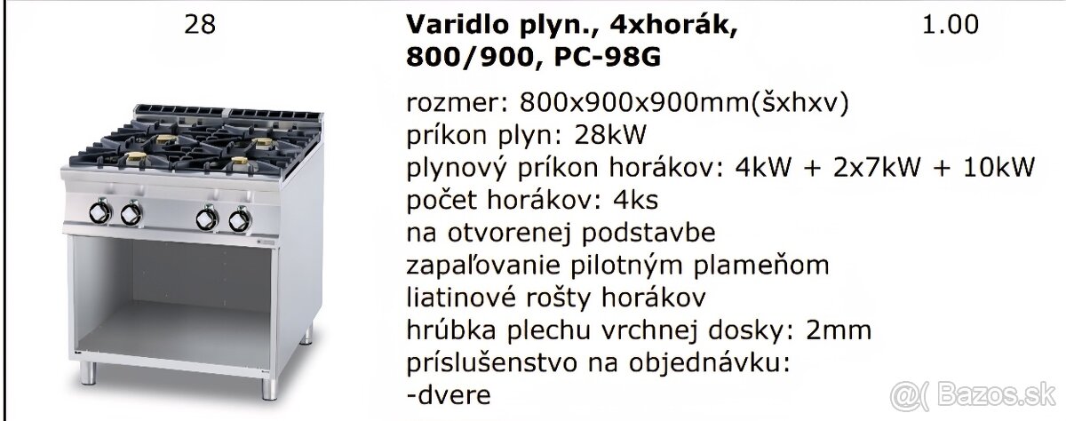 Predám profesionálne plynové varidlo, 4-horák (PC-98G)
