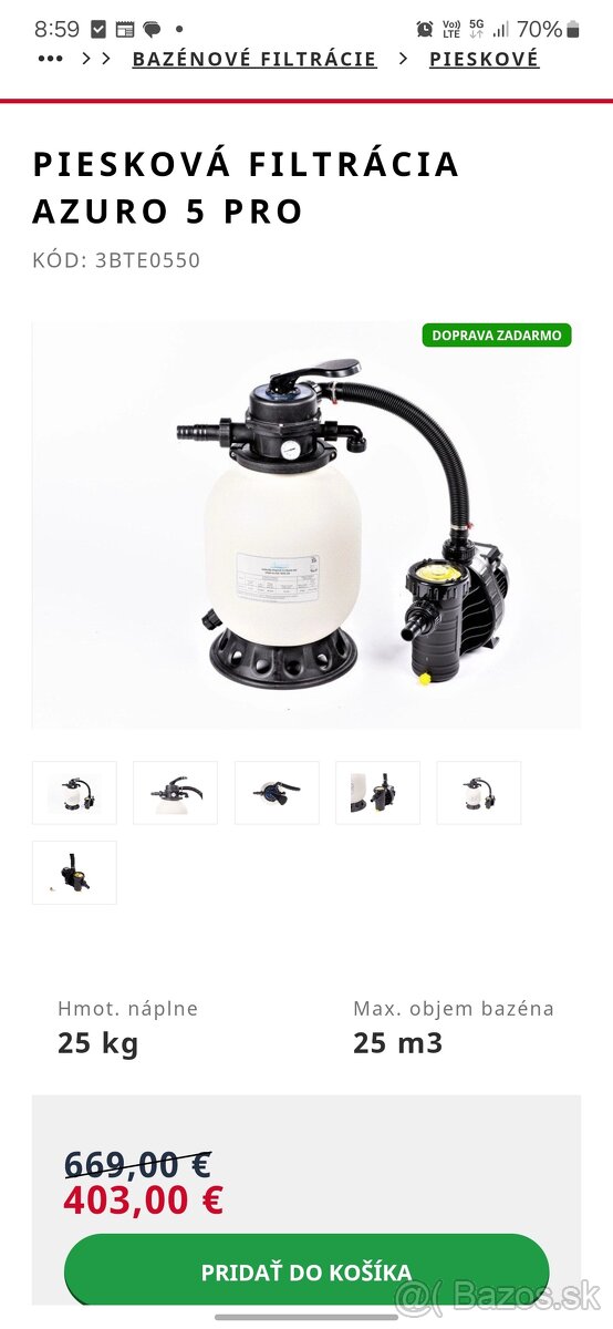 Predam pieskovu filtraciu AZURO 5 PRO v zaruke