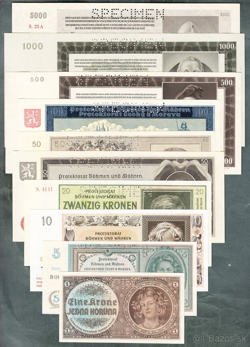 Staré bankovky PROTEKTORÁT KOMPLET SESTAVA bezvadný stav UNC