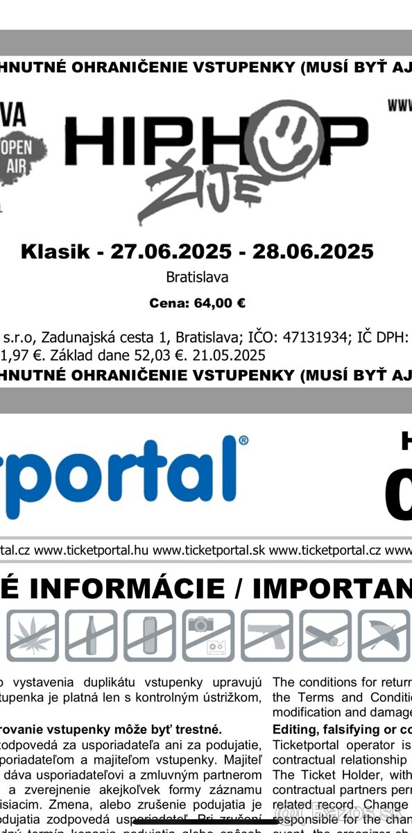 1x vstupenka HHŽ 2025 Bratislava - Hiphop žije