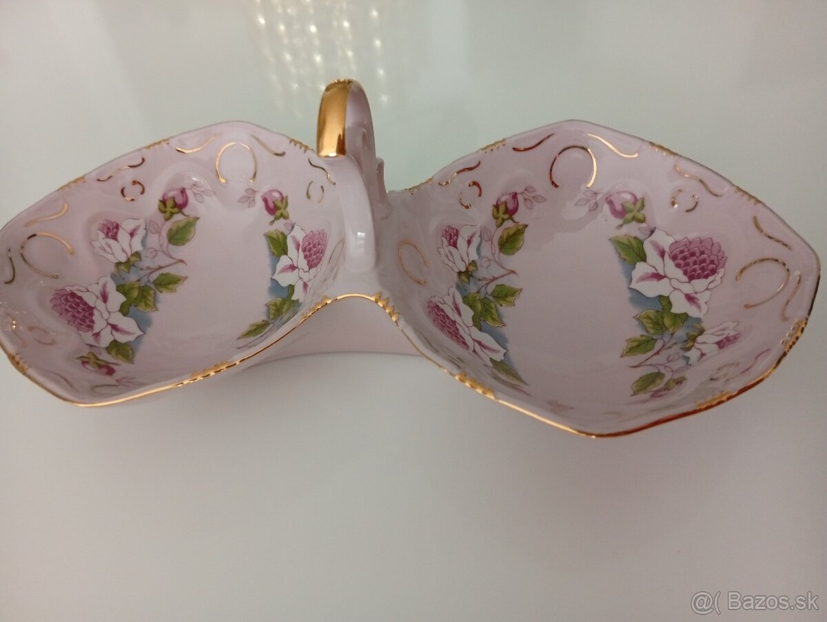 Růžový porcelán, dvojmiska ve tvaru košíku, Chdov