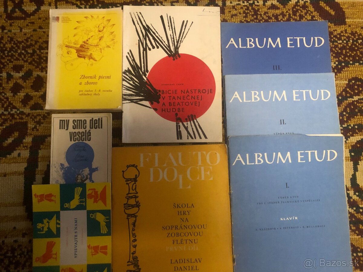 Noty flauta, klavír, bicie, zborníky piesní a iné