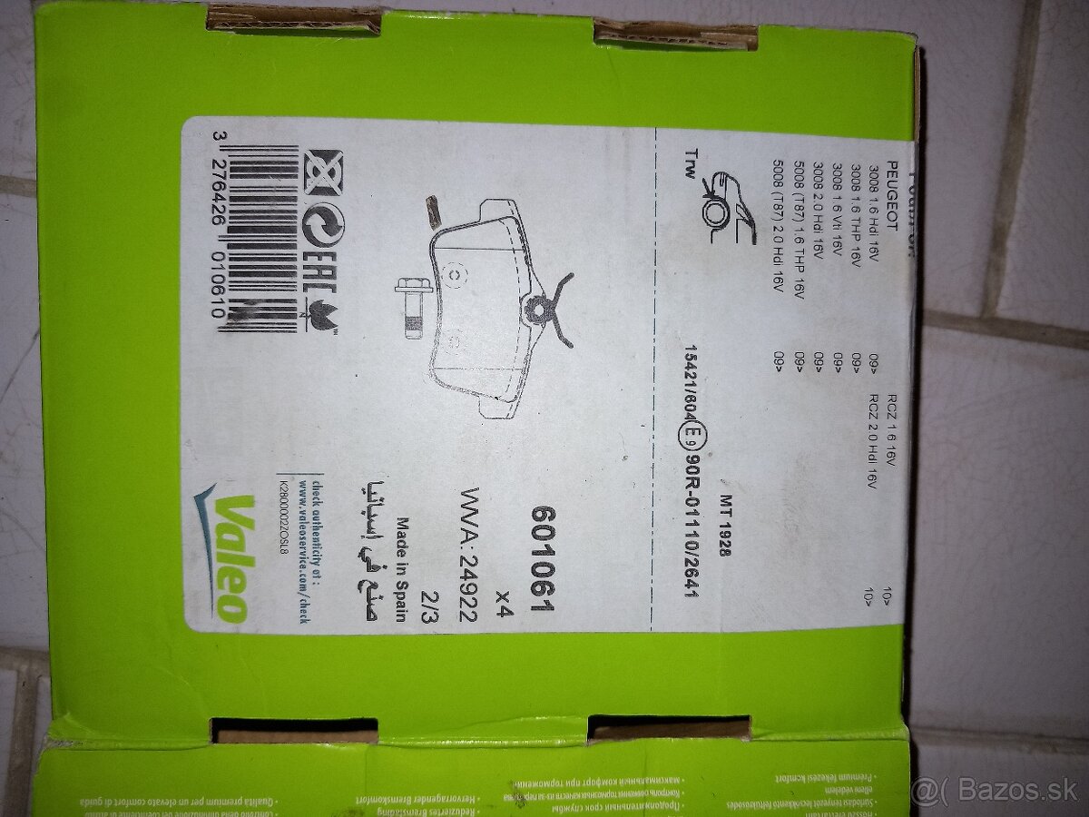 Citroen,C4,DS,Peugeot 5008,Valeo brzdové dosky