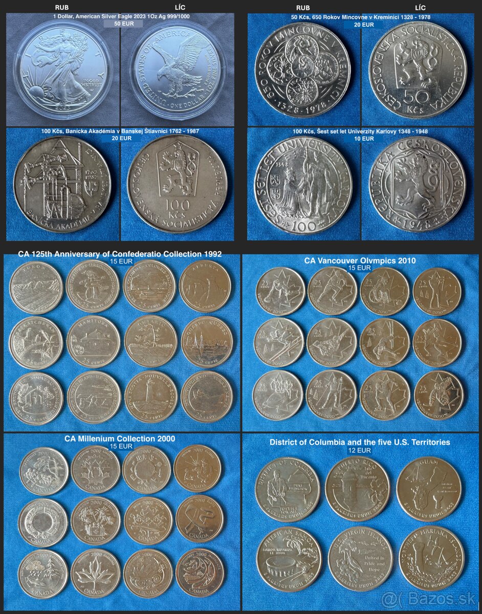 Strieborné investičné mince Česko-Slovensko. Kolekcie CA-USA