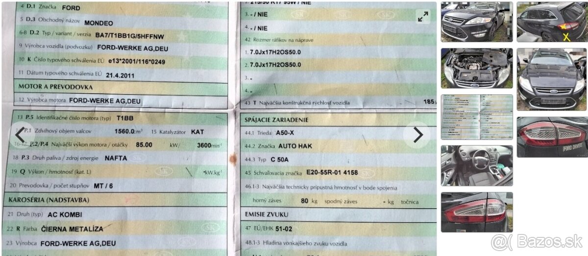 FORD MONDEO MK4 1.6 TDCI 2011 predám PREVODOVKA, MOTOR T1BB