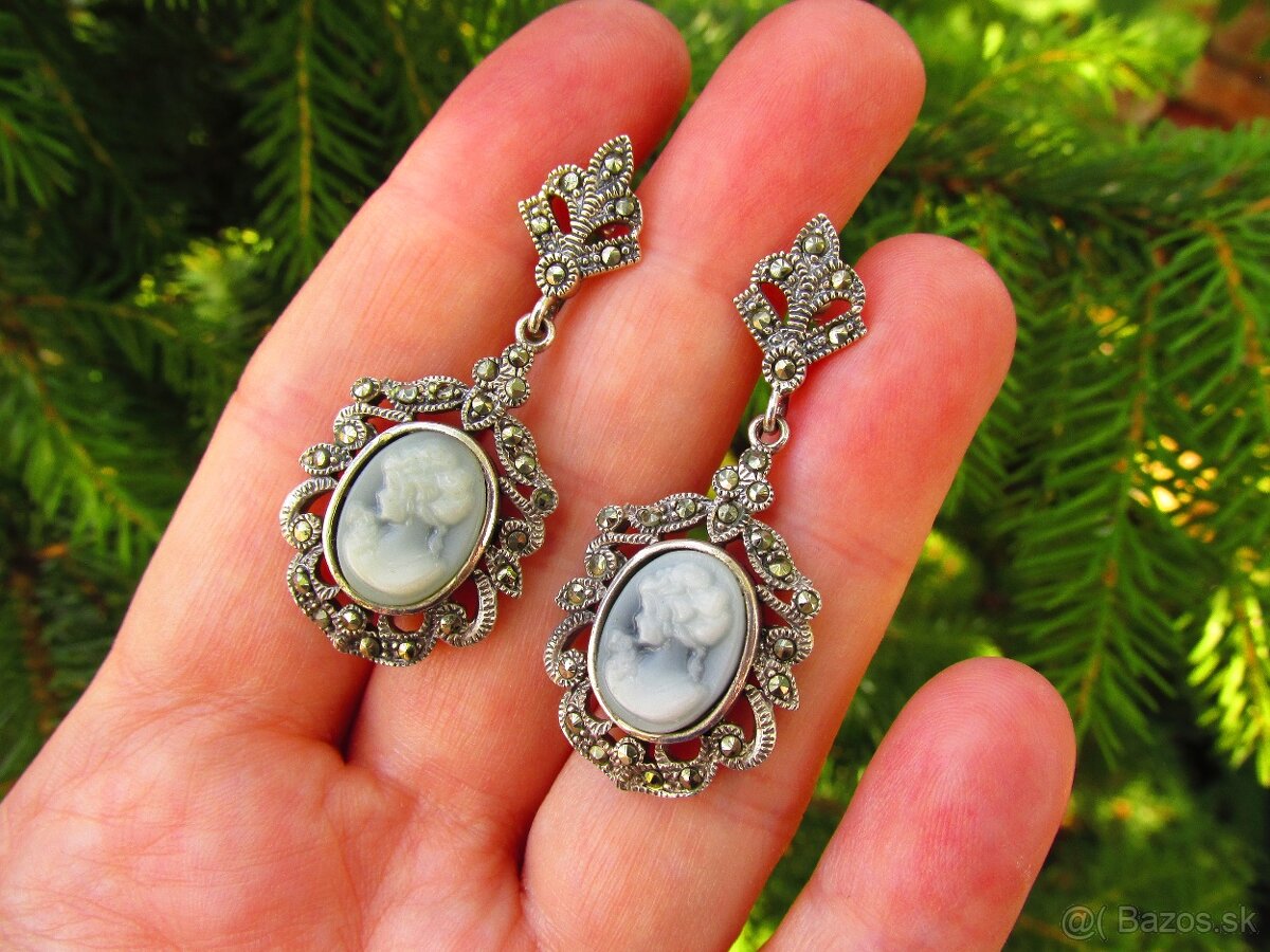 Strieborné náušnice s markazitmi a kameou, Ag 925