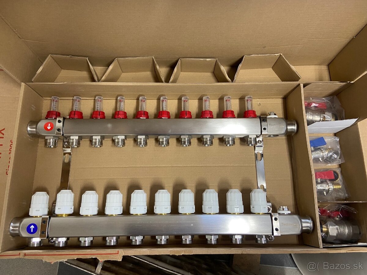 Rozdeľovač podlahového kúrenia, 10 cestný, nerezový