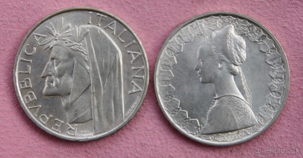 Mince strieborné - 500 lir Dante Aligieri a Caravella